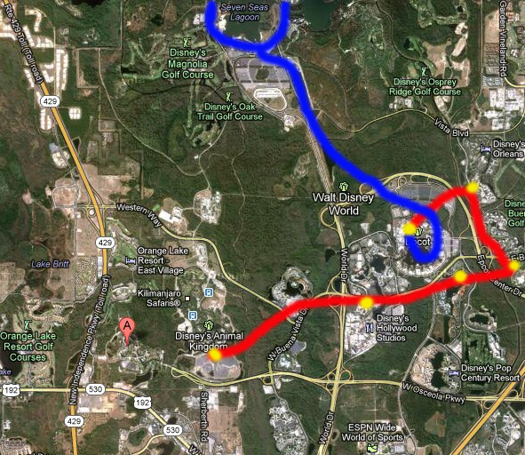 A different idea (not on the master plan): Blue is the existing Epcot line; red would be a direct route to DAK.