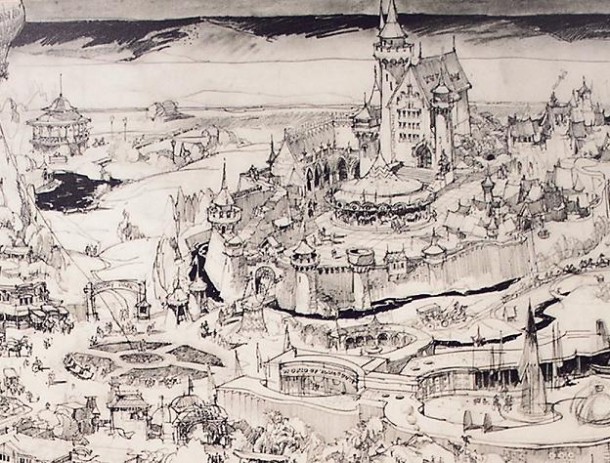 Herb-Ryman-Disneyland-Map-Fantasyland-enlarged disneyland, In The Parks: Yellow Sky Tower Ride at Disneyland, Fantasy Faire, Refurbishments and Celebrations