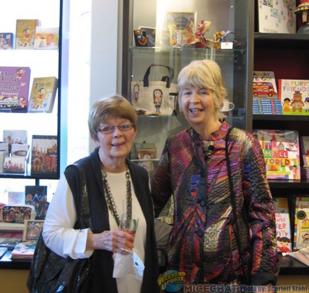 Jeanne Chamberlain and Maggie Richardson in front of the Mary Blair merchandise at the Walt Disney Family Museum Gift Shop.