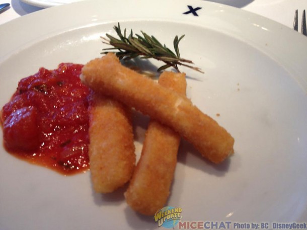 Crisp-fried mozzarella sticks.