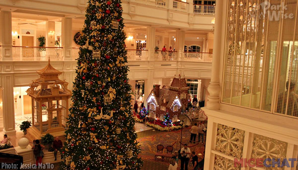 Disney’s Grand Floridian Resort & Spa features a life-size gingerbread house and huge Christmas tree.