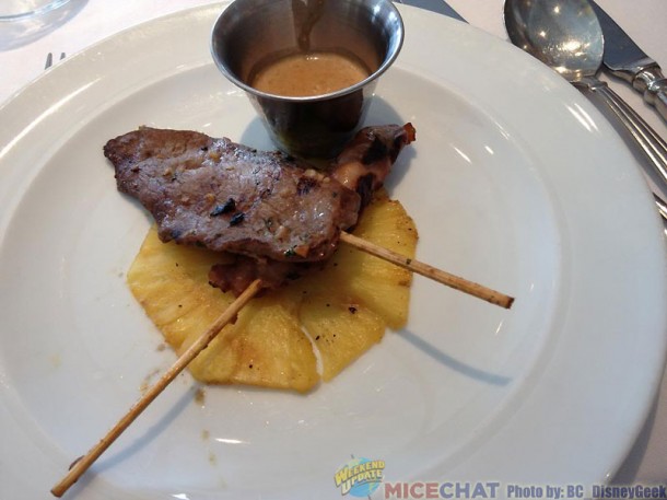 Balinese satay beef and chicken skewers with peanut-chile dip.