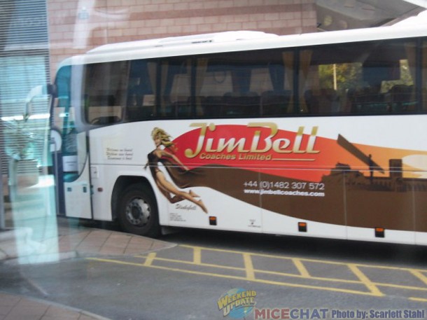 A coach at Bradford Airport owned by Jim Bell coaches called Stinkerbell