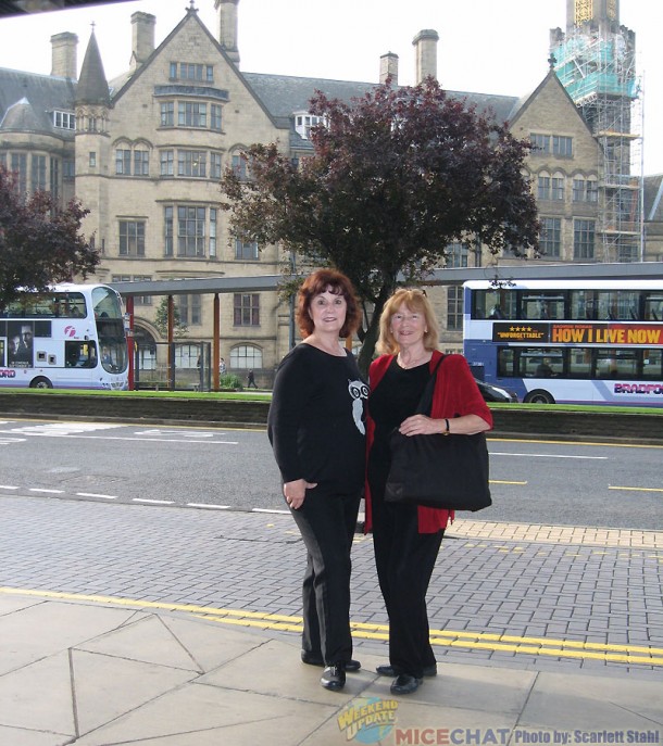 Linda and Scarlett with Bradford City Hall in the background