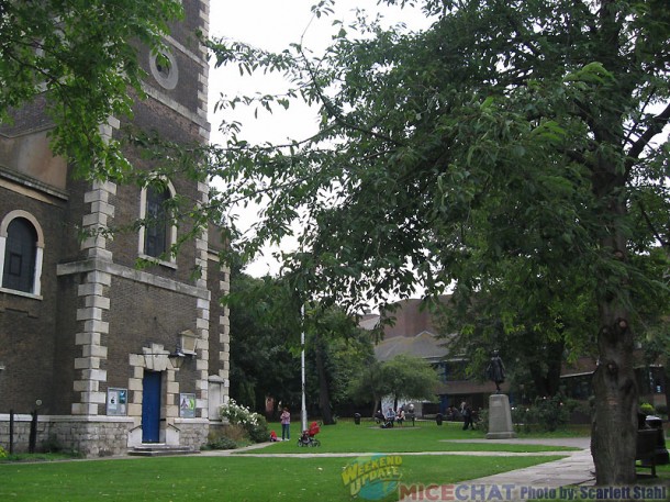 St George Church and statue of Pocahontas