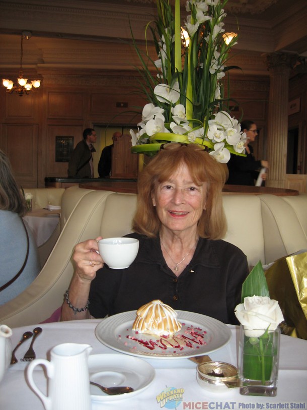 Scarlett with tea and Baked Alaska for her birthday at Harrods