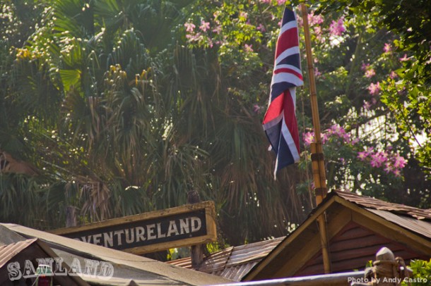 A British flag flies above the Jungle Cruise boathouse as part of the attraction's new backstory