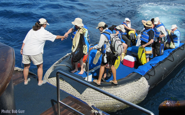 Guests debark from the Xpedition into Zodiak boats for exploration