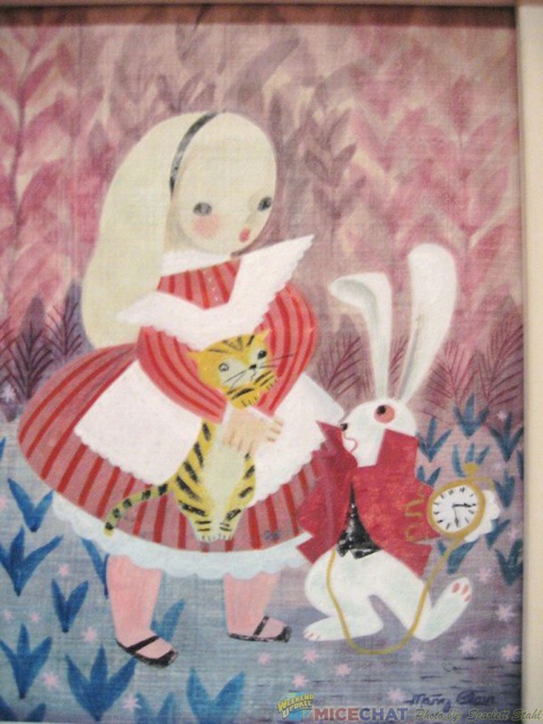 Lillian Disney painting of Alice in Wonderland dressed in red