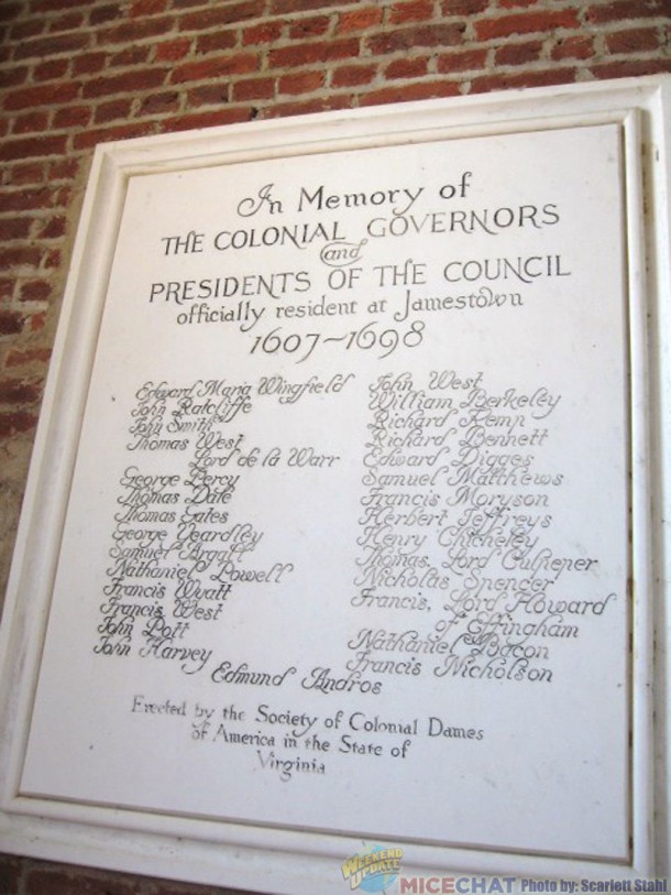 Plaque of Governors of Virginia. The 3rd name from the top on right side is Richard Bennett, Scarlett's ancestor
