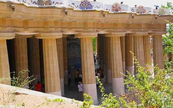 The top terrace is supported by unique columns