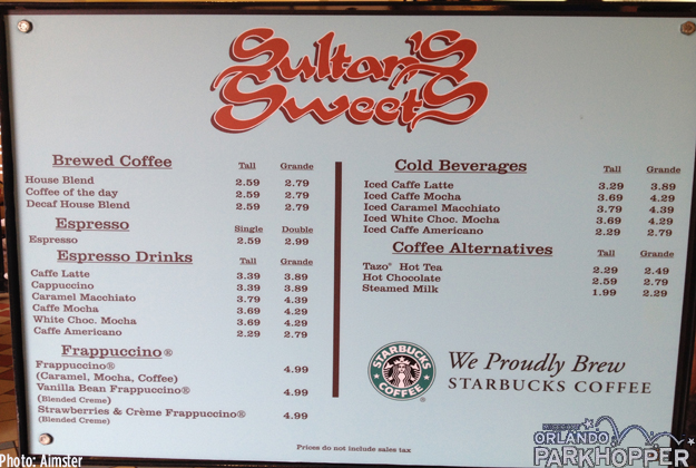 Sultan's Sweets has been serving Starbucks coffee for several years. Prices pretty much the same as your local Starbucks too.