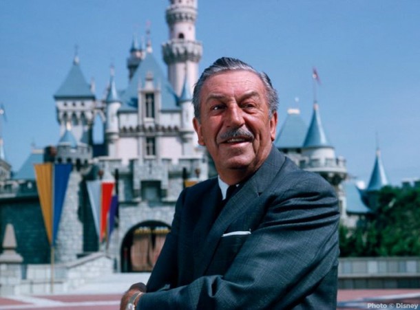 Walt Disney in front of Sleeping Beauty Castle