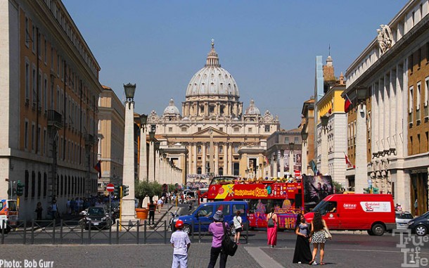 Tourists first view St. Peter's Basilica from a distance - very impressive