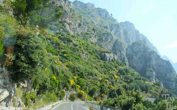 The Amalfi Coast road is carved out of the near vertical cliffs.