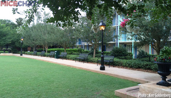 Courtyards are located in-between many of the buildings; here they have movie nights during summer.