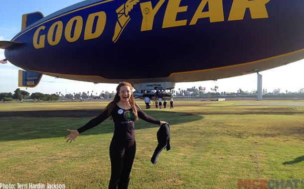 Terri as she is about to ride the Goodyear Blimp.
