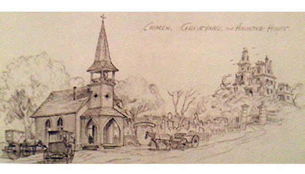 via Long Forgotten Haunted Mansion The house on the hill is Harper Goff&rsquo;s original concept for the HM. It is a Second Empire-style home set next to a church. 