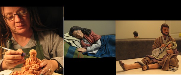 Terri sculpting the Nativity in wax, cast in resin.