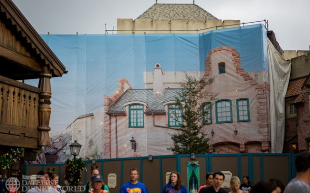 Scrims are officially up to install the marquee for Frozen Ever After, what is more than likely the final change from the old Maelstrom attraction.