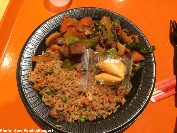 Chicken teriyaki stir fry and fried rice. They even give you a fortune cookie!