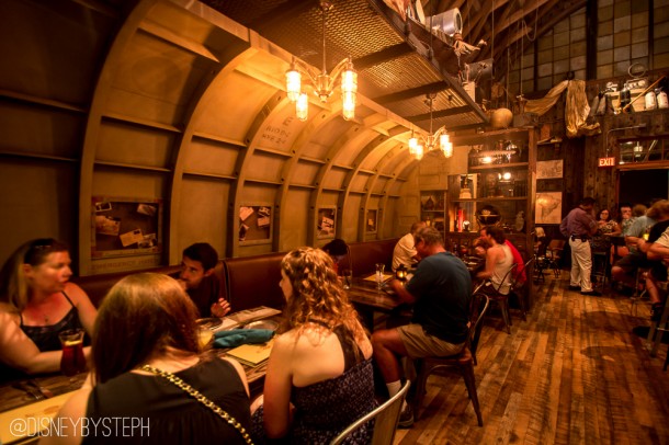 The left side is booths and tables built out of an old airplane interior.