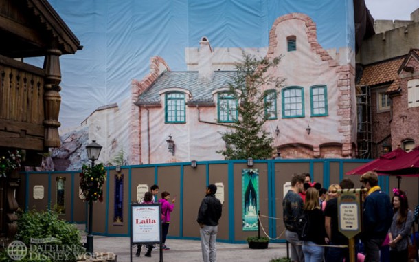 Construction walls for Frozen Ever After now extend all the way out near the Akershus restaurant. 