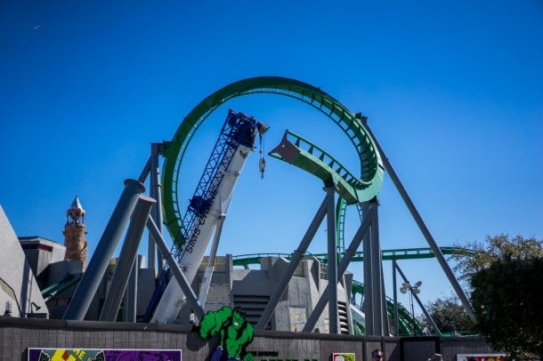 Some pieces of the Incredible Hulk Coaster are back in place as this ride will return in the summer.