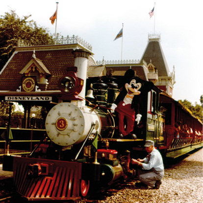 A good example of size is to compare the “Emma Nevada” to the Baldwins of the Disneyland Railroad. The Disneyland Panavue slide offers scale with the engineer and Mickey at the Main Street Station with #3, the “Fred Gurley”.