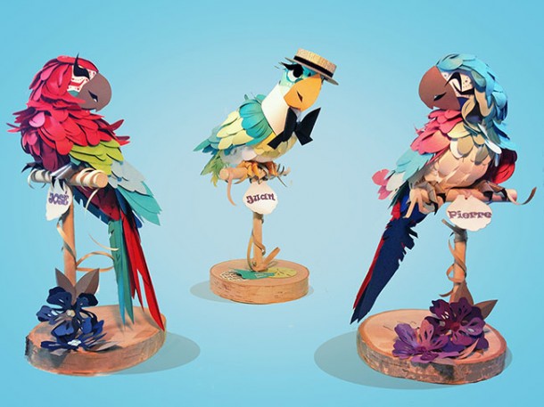 Jose, Juan the Barker Bird and Pierre paper sculptures