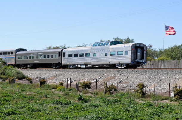 The dome dining car Silver Splendor on the rear of Amtrak's Coast Starlight at Oceano, CA on May 29, 2010.