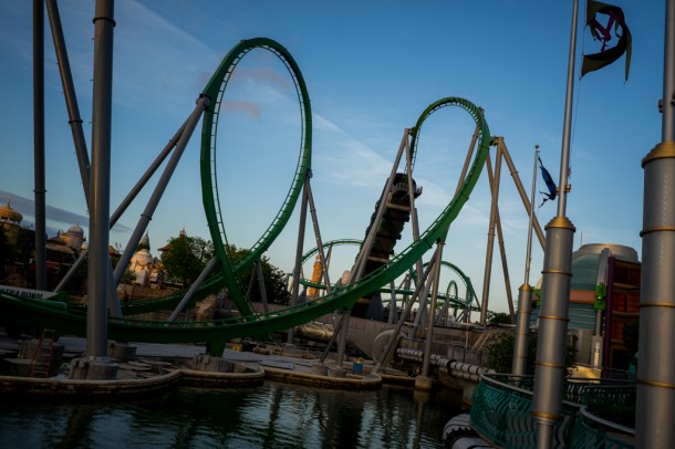 The Incredible Hulk Coaster is all together and work is mostly happening on the queue building and launch tube now.