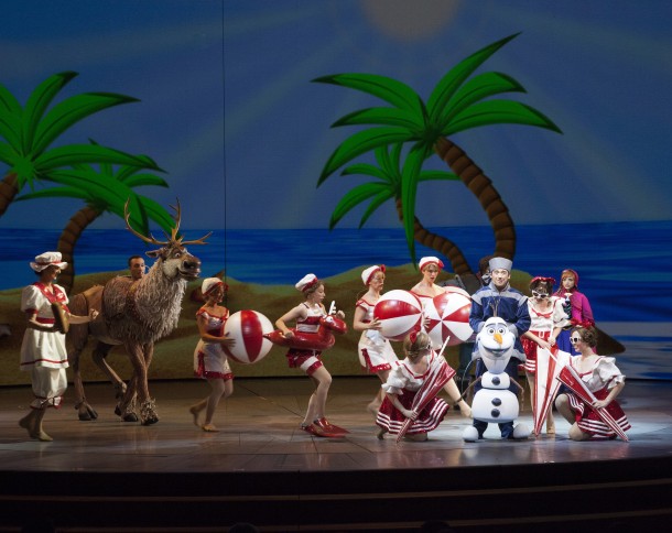 OLAF DREAMS OF SUMMER IN 'FROZEN – LIVE AT THE HYPERION' -- A new theatrical interpretation for the stage based on Disney’s animated blockbuster film, Frozen is now playing at the Hyperion Theater at Disney California Adventure Park. The show immerses audiences in the emotional journey of Anna and Elsa with all of the excitement of live theater, including elaborate costumes and sets, stunning special effects and show-stopping production numbers. (Scott Brinegar/Disneyland Resort)