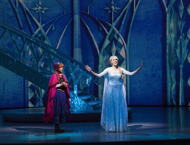 ANNA AND ELSA IN 'FROZEN – LIVE AT THE HYPERION' -- A new theatrical interpretation for the stage based on Disney’s animated blockbuster film, Frozen is now playing at the Hyperion Theater at Disney California Adventure Park. The show immerses audiences in the emotional journey of Anna and Elsa with all of the excitement of live theater, including elaborate costumes and sets, stunning special effects and show-stopping production numbers. (Scott Brinegar/Disneyland Resort)