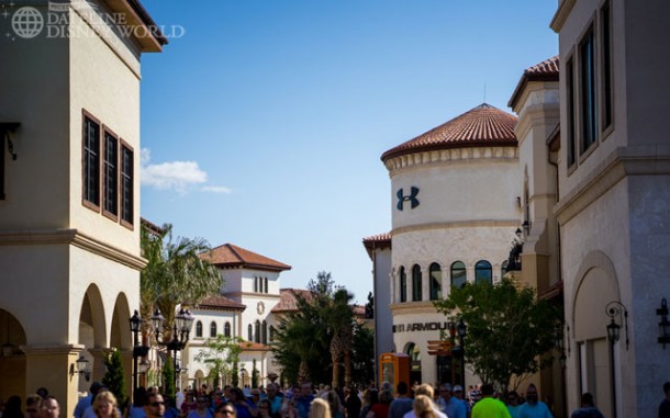 A view of the shopping area, which looks very much like your typical outdoor mall. Nothing about it really screams 'Disney' to you.