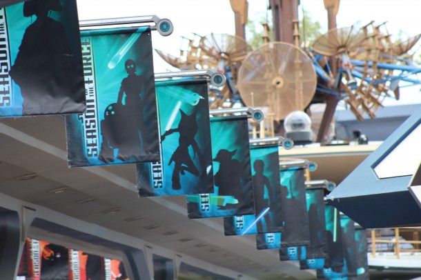 Banners on the south edge of the old Peoplemover tracks show characters from the Star Wars saga on the Light Side of the Force.