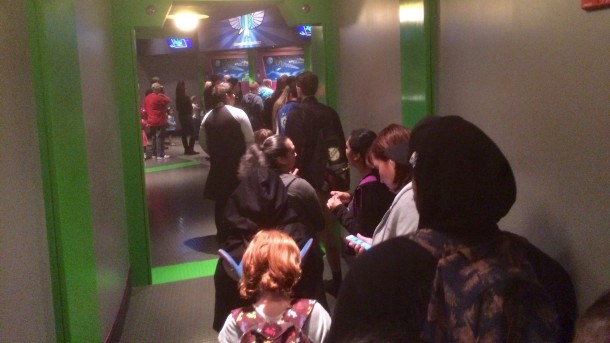 The line snaked into the exit of Buzz Lightyear to the back entrance of Store Command.