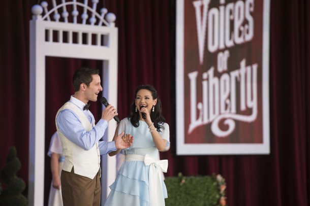 Beloved a cappella group Voices of Liberty performs outdoors twice per week, bringing a modern twist to a medley of American classics at the American Gardens Theatre stage at Epcot. Other days, the group performs for guests inside the American Adventure pavilion. Epcot is one of four theme parks at Walt Disney World Resort in Lake Buena Vista, Fla. (Ryan Wendler, photographer)