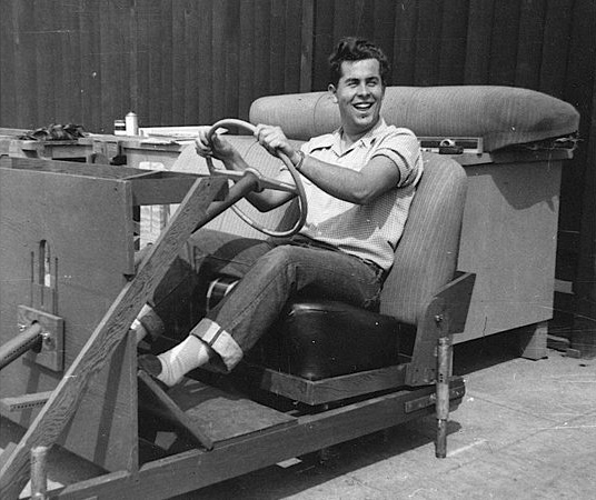 Bob Gurr in a early prototype vehicle