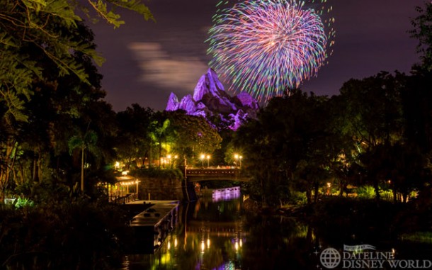 The Hollywood Studios fireworks go off right over Everest if you stand on the bridge to Harambe.