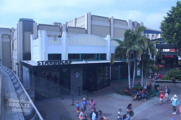 The new Starbucks across from the Downtown Disney Monorail entrance is open for business and now is setup to take orders using the Starbucks App. So skip the line!