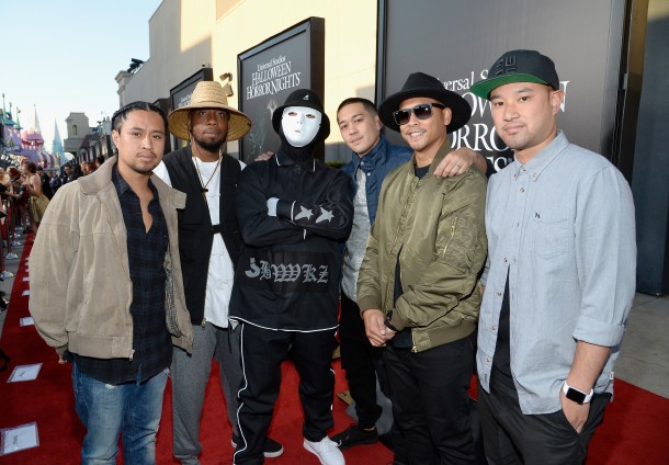 UNIVERSAL CITY, CA - SEPTEMBER 16: (L-R) Dancers Phil Tayag, Kevin Brewer, Joe Larot, Jeff Nguyen and Rynan Paguio of the Jabbawockeez attend Universal Studios "Halloween Horror Nights" opening night at Universal Studios Hollywood on September 16, 2016 in Universal City, California. (Photo by Kevork Djansezian/WireImage)