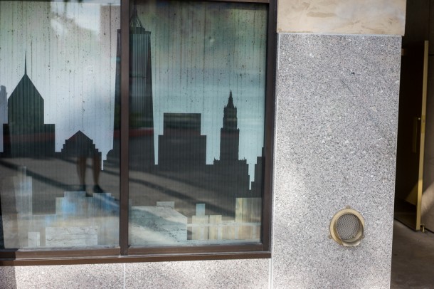 New York skyline in the windows.