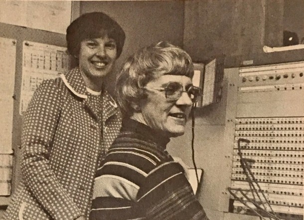 They'll be joined by Becky Morris (left), longtime chief PBX operator for Disneyland, shown here in 1977 at the switchboard with Virginia Swan.