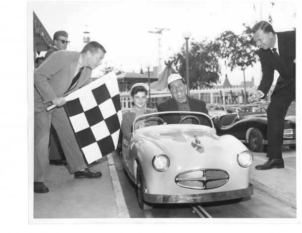 Ray Webster (far right), who welcomed Indy driver Marshall Teague and his daughter Patty, to celebrate the grand opening of Disneyland's Midget Autopia in 1957, will be a featured panelist at the MiceChat anniversary event.