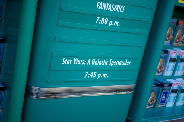 Star Wars fireworks have been running at 7:45 for the last few weeks now.