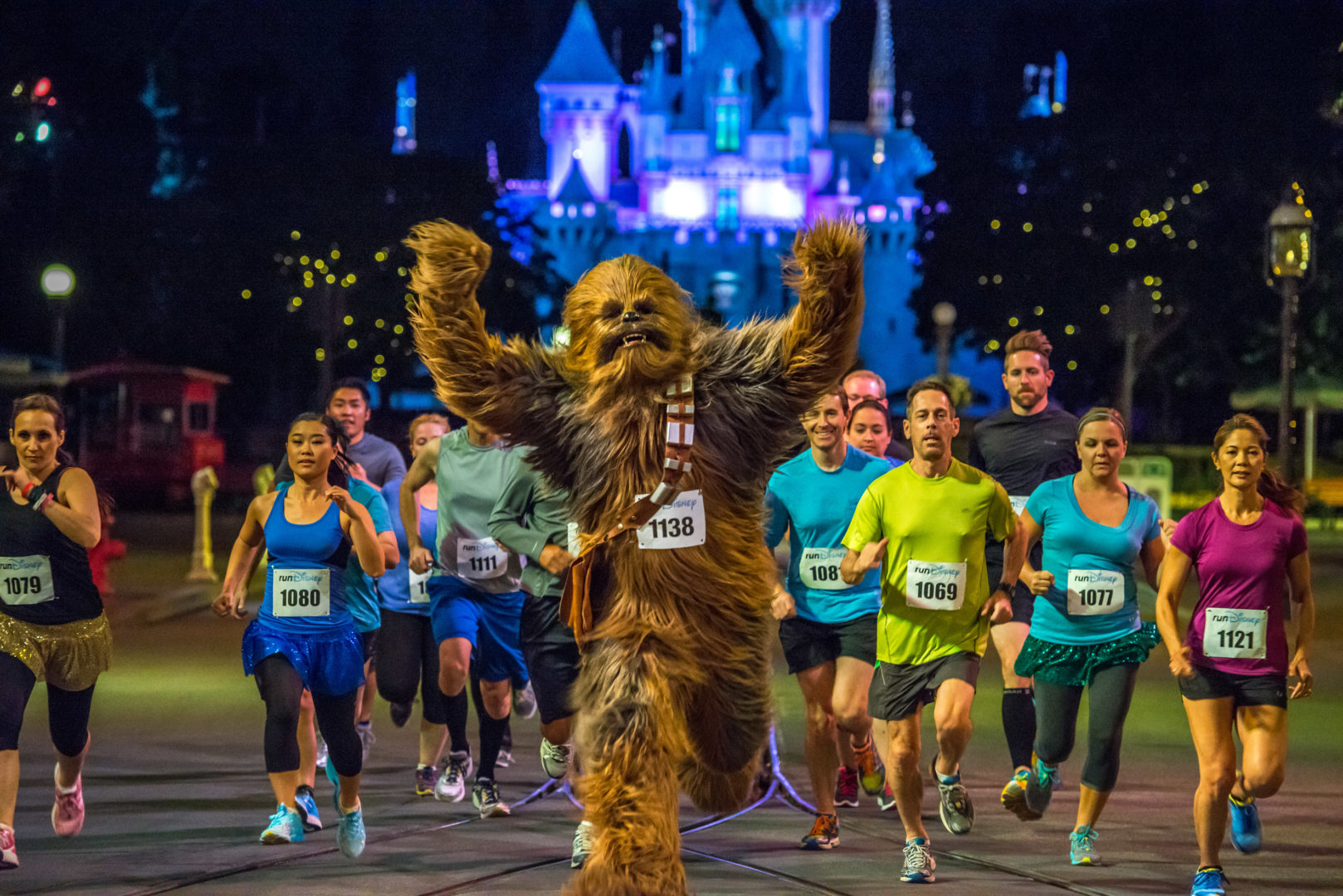 Chewbacca leading a group of runners