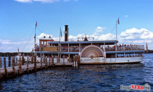 The Walt Disney World steamship, the Ports O Call, docks at Discovery Island.