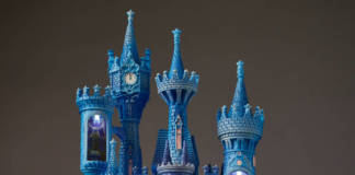 The front of the Cinderella Castle Light-up figurine from the Disney Castle Collection when it is lit up