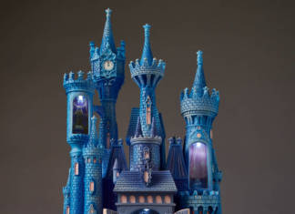 The front of the Cinderella Castle Light-up figurine from the Disney Castle Collection when it is lit up